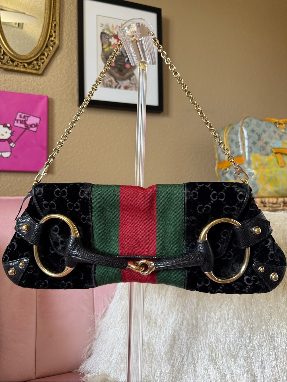 💯Auth! VINTAGE GUCCI HORSEBIT CHAIN Clutch/Shoulder Bag w Green/Red Web Stripe